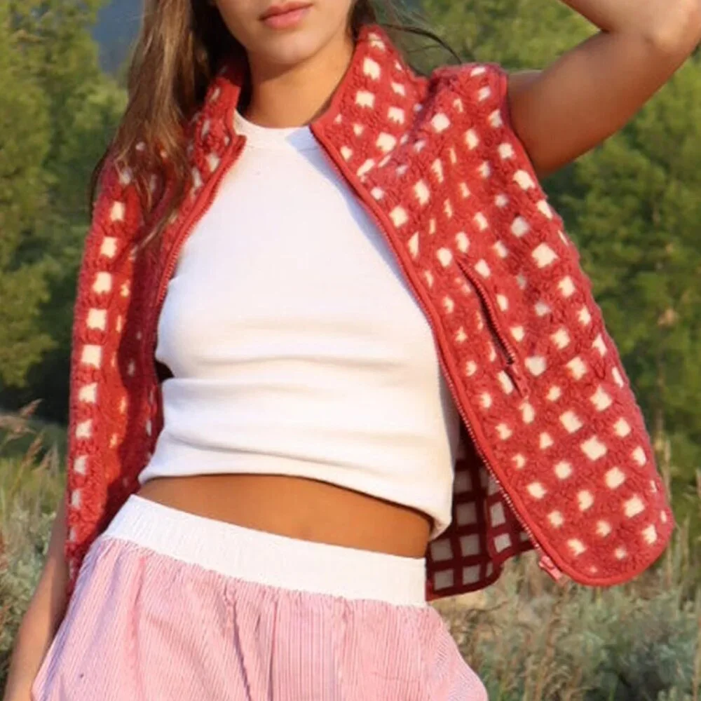 Womens Checkered Sherpa Vest Fleece Jacket Lightweight Zip Up Sleeveless Crochet